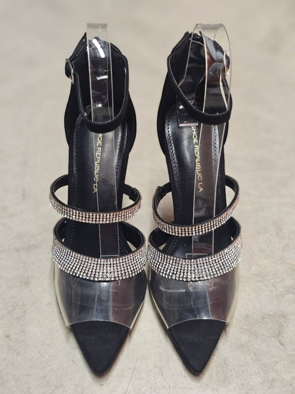 Rhinestone Clear Strap High Heels With Ankle Buckle & Back Zipper - Elegant Blac - Picture 9 of 14